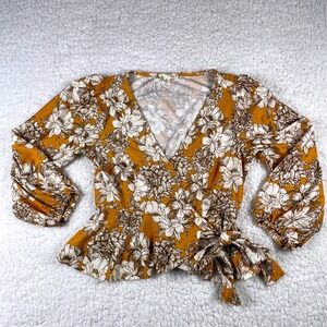 Meraki Women's XS Mustard Yellow Floral Wrap Peplum Top Balloon Sleeve